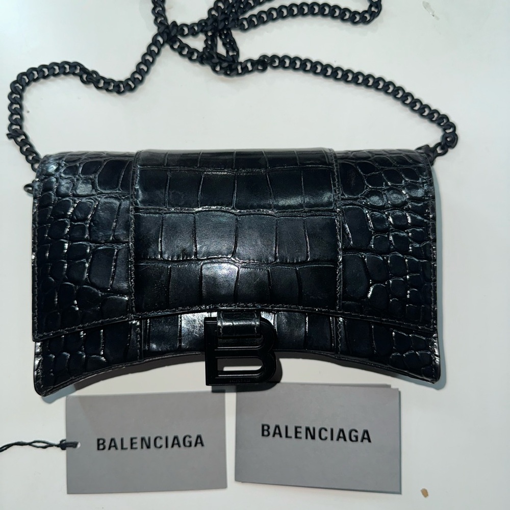 Balenciaga Black Crossbody Bag with Croc-Embossed Leather